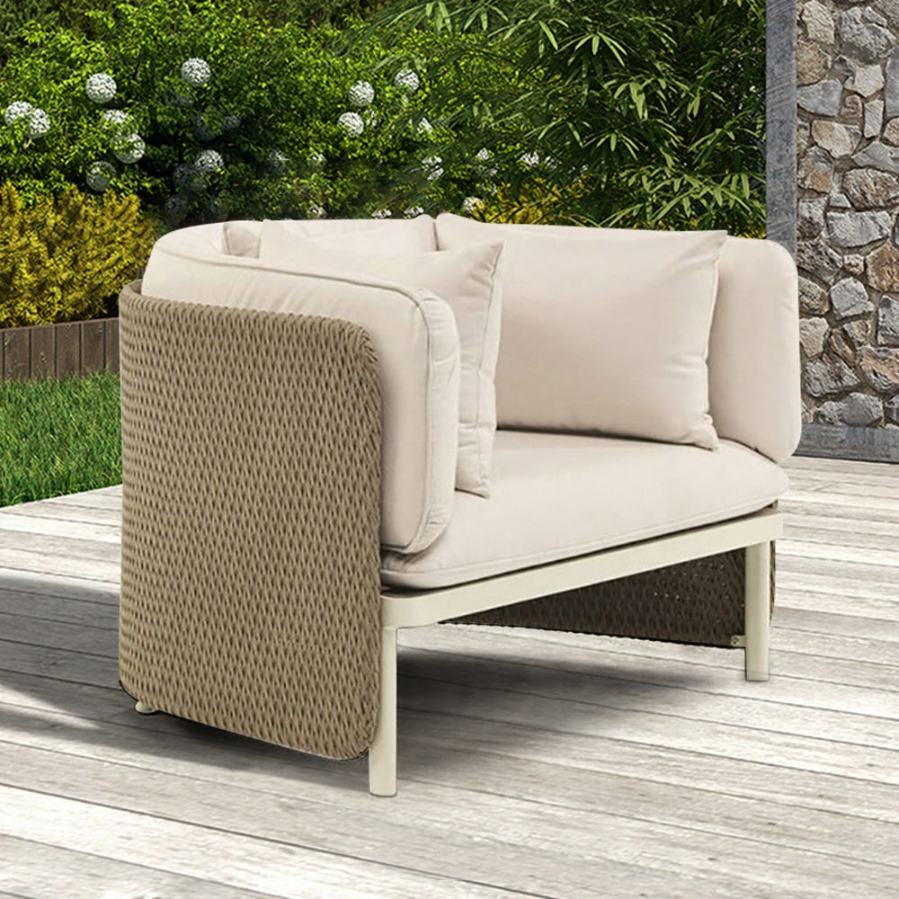 Khaki & Cream White Rattan Outdoor Armchair Patio Accent Chair with Cushion Pillow White