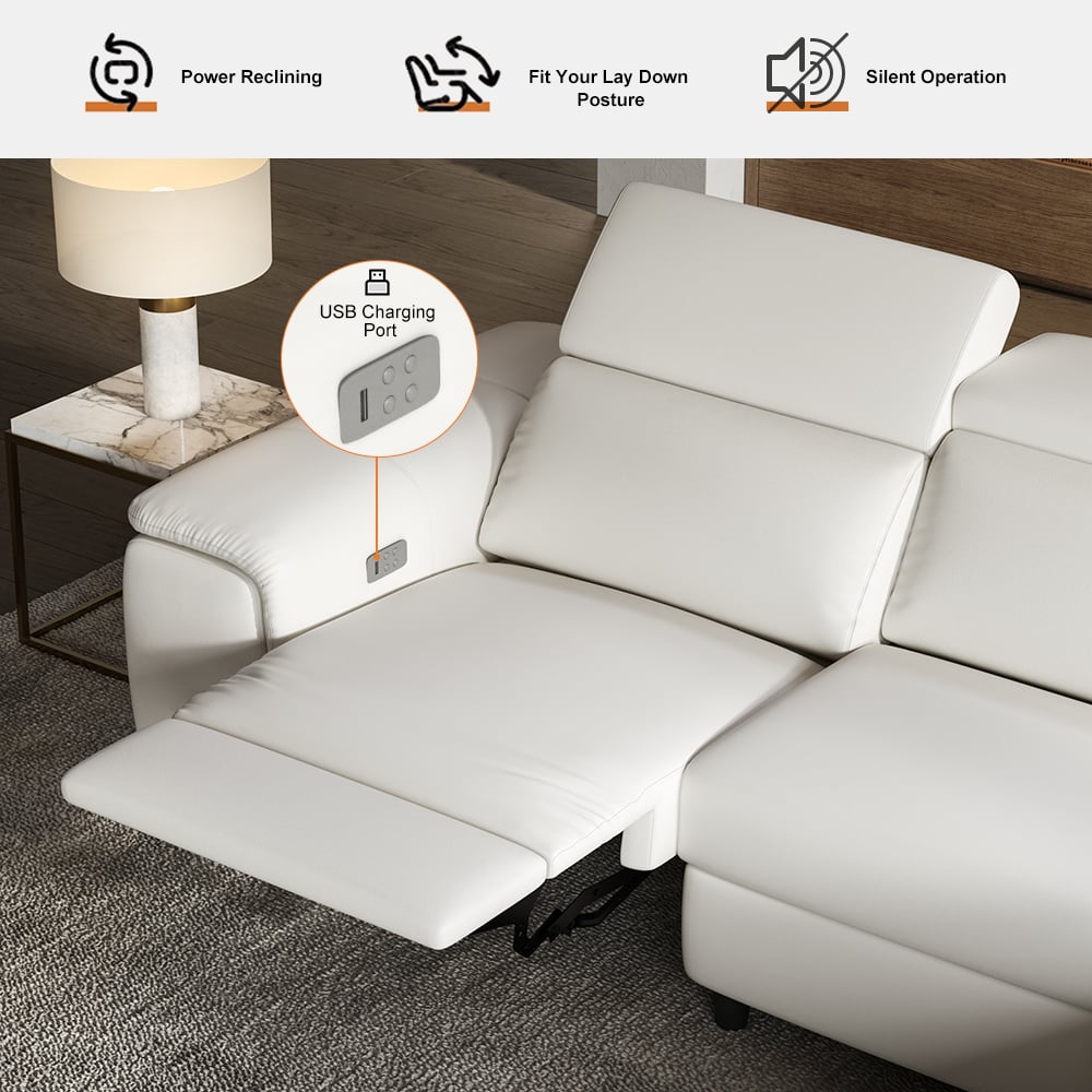 White Faux Leather Power Reclining Sectional Sofa Adjustable Headrest L-Shaped Warm White