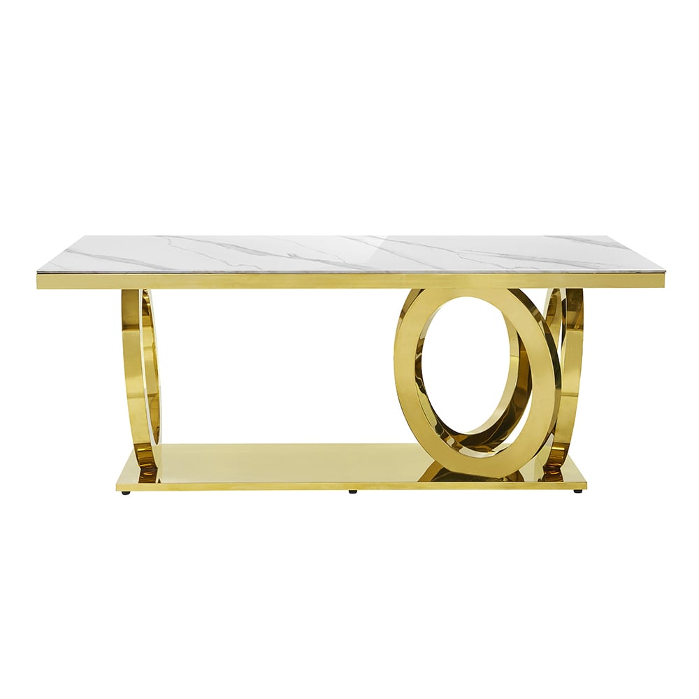 Modern Rectangle White Dining Table Sintered Stone Top Stainless Steel Base in Gold Gold