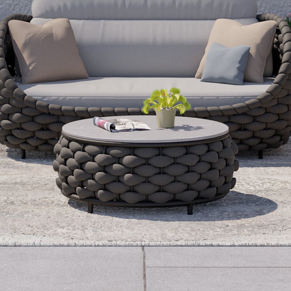 Tatta Sintered Stone-top Round Coffee Table with Textilene Rope Woven Base Black