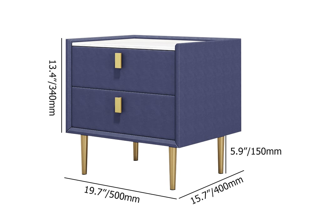 Modern Nightstand with 2 Drawers PU Leather Nightstand with Glod Legs Blue