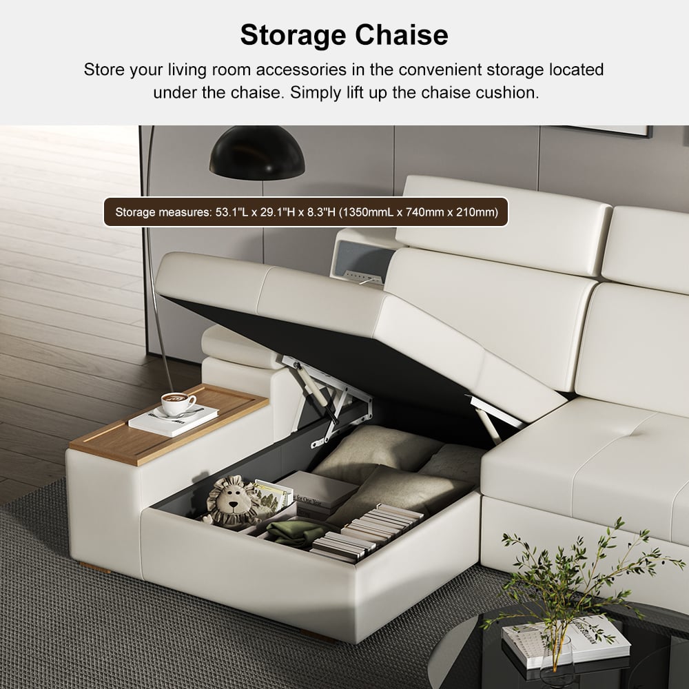 Sleeper Sectional Storage Sofa Pull Out Bed Headrest Adjustable with USB & Speaker White