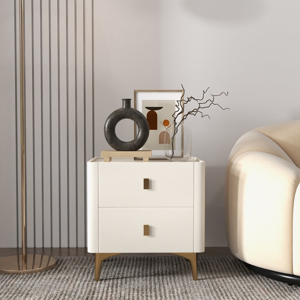 Modern Nightstand 2-Drawer Bedside Cabinet with Sintered Stone Top Off-White