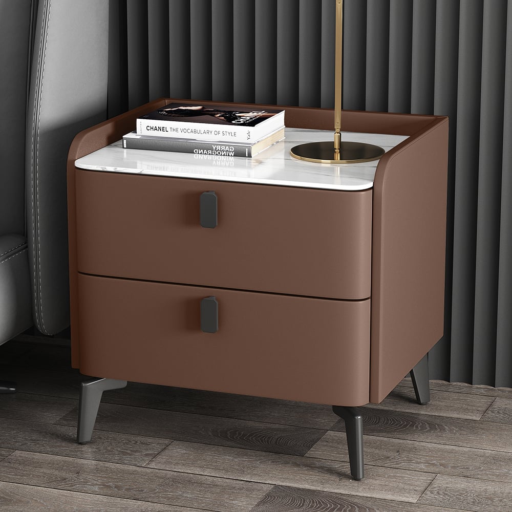 Modern Luxury 2 Drawers Bedroom Nightstand Sintered Stone Bedside Table Brown