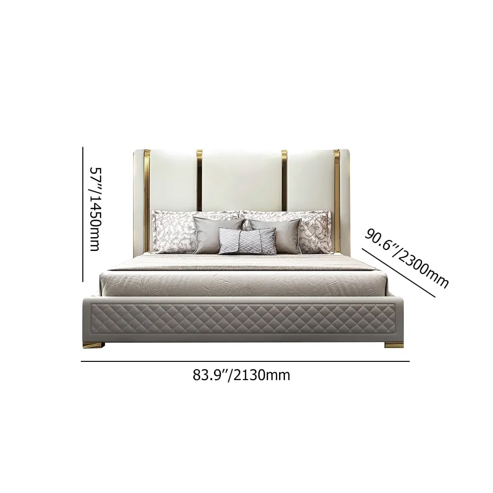 Faux Leather Upholstered Bed Sunken Metal and Wood Bed Frame Off-White