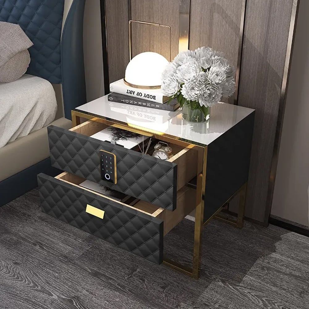 2 Drawers Bedroom Nightstand with Electronic Lock Stainless Steel Base Black
