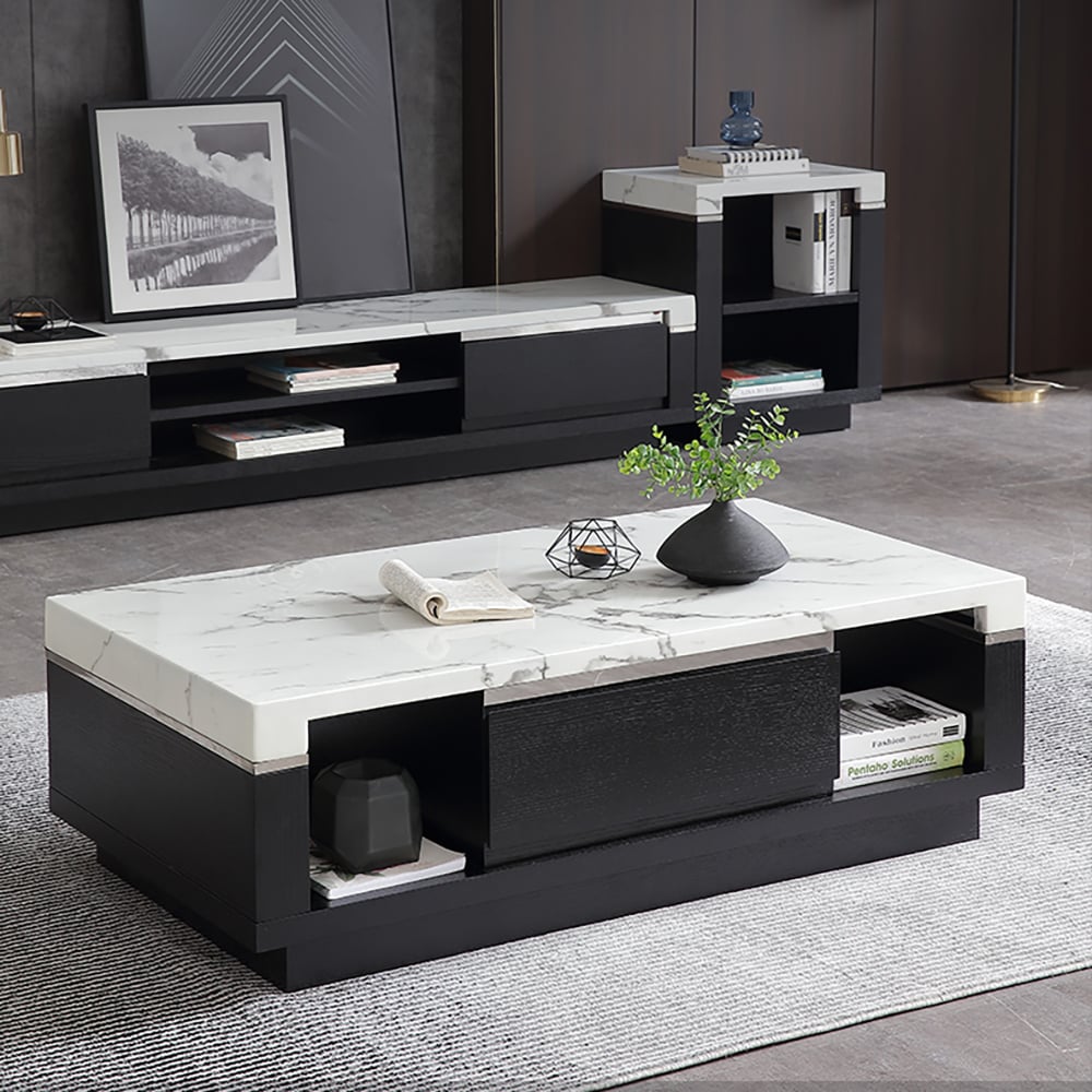 Modern Marble Coffee Table Black & White with Storage & Drawers in Wood White