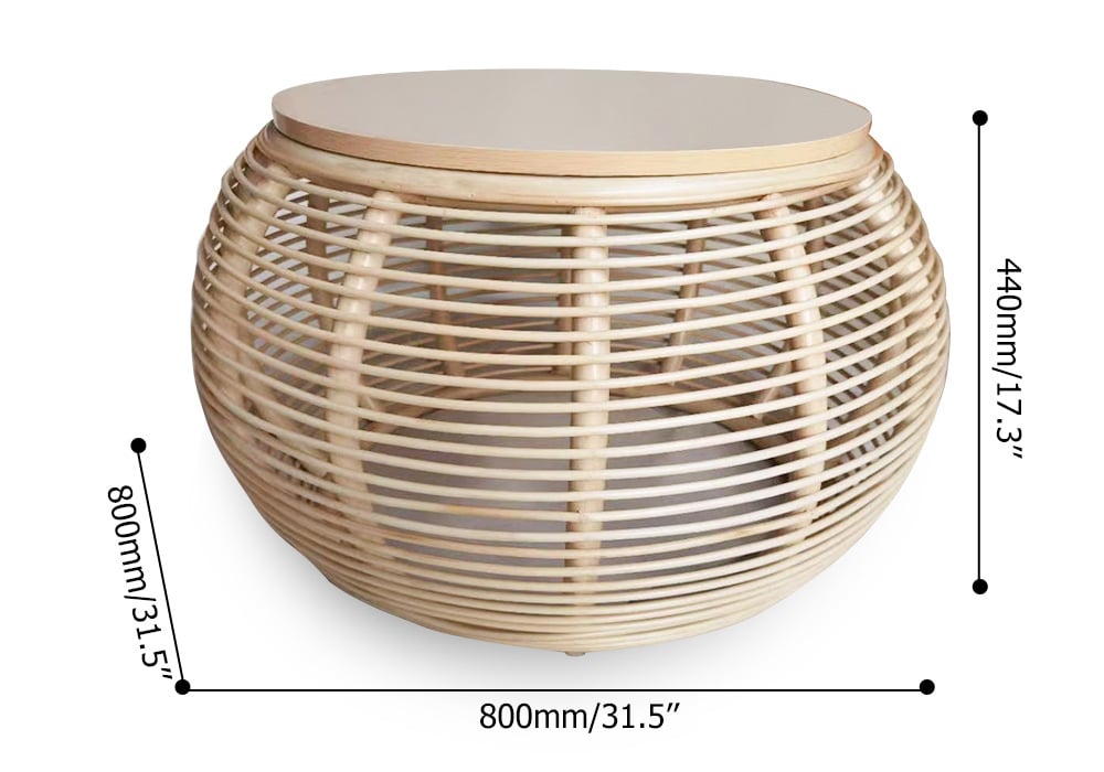 31.5" Boho Natural Round Patio Rattan Coffee Table with Wood-Top Beige
