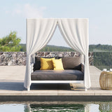 White Aluminum & Gray Woven Rope 2-Person Outdoor Patio Daybed with Canopy Curtains White & Gray