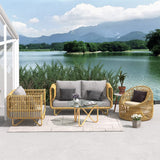 4 Pieces Rattan Outdoor Sofa Set with Glass Top Coffee Table and Cushions in Yellow Yellow