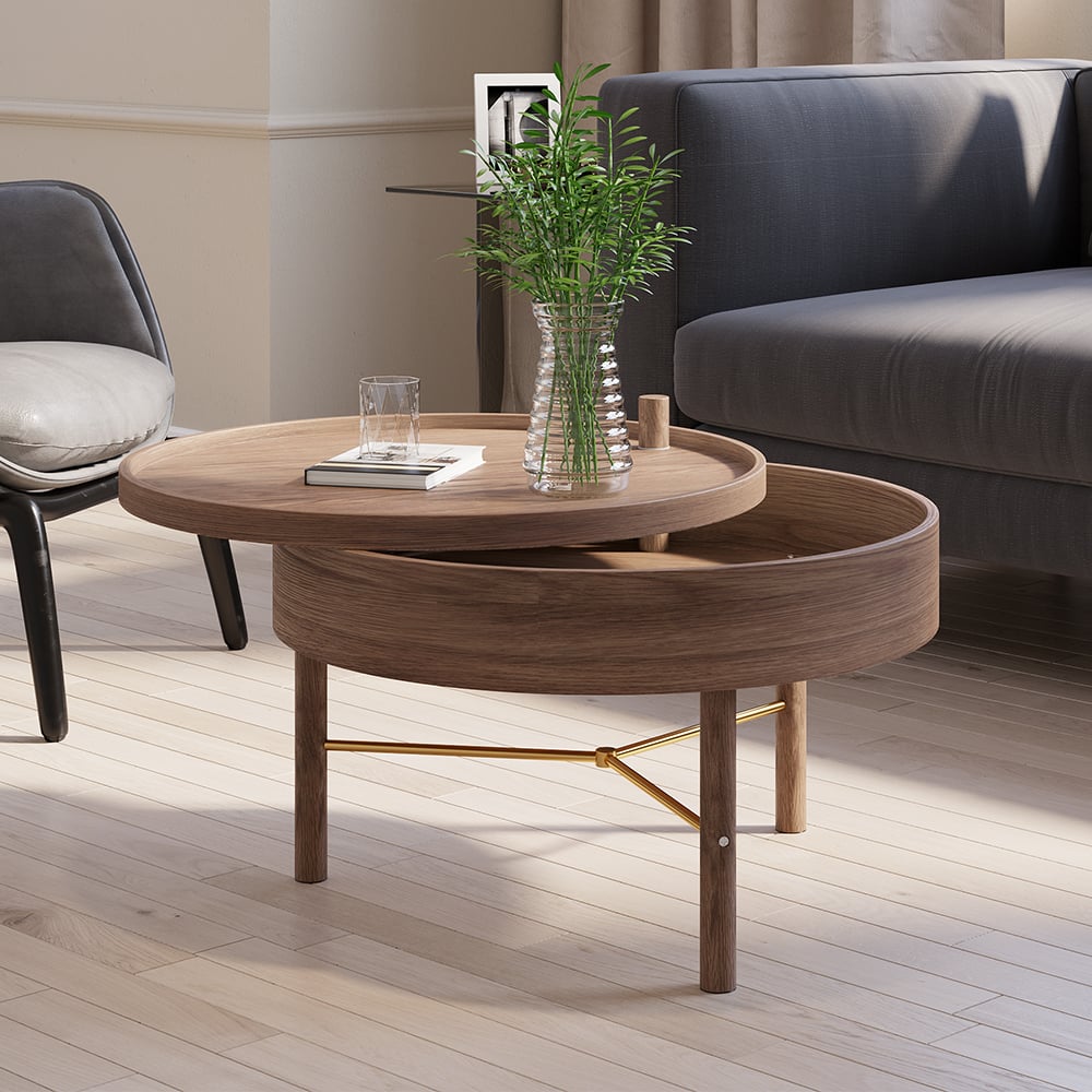 Modern Round Wood Rotating Tray Coffee Table with Storage & Metal Legs Walnut