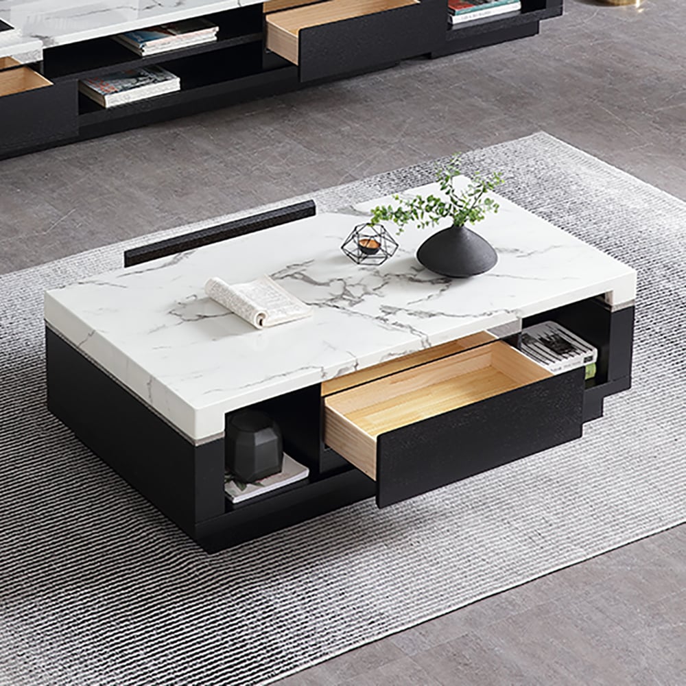 Modern Marble Coffee Table Black & White with Storage & Drawers in Wood White