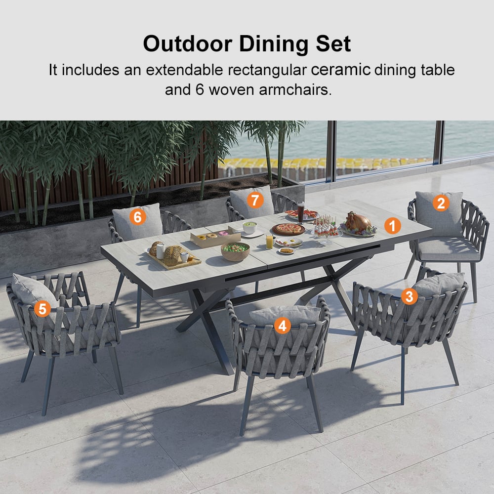 7 Pieces Aluminum Outdoor Dining Set with Extendable Marble Top Table and Woven Armchair Gray