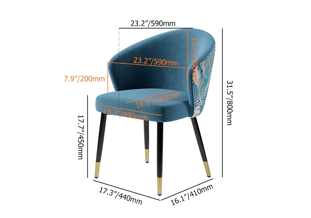 Upholstered Velvet Dining Chair Curved Back Modern Arm Chair Blue