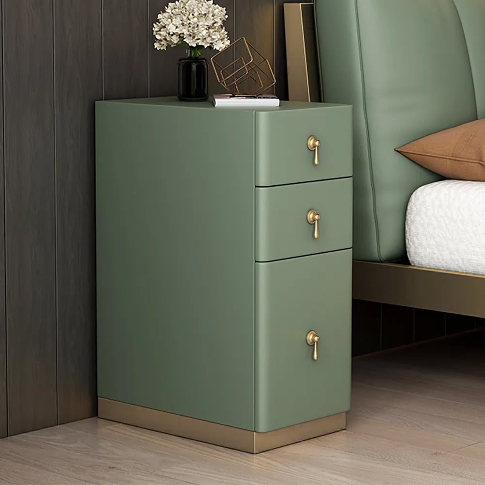 3-Drawer Modern Nightstand Narrow Bedside Table with Faux Leather Upholstery Green