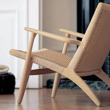 Japandi Solid Wood Outdoor Patio Lounge Chair Armchair Kraft Paper Rope Woven Seat Beige