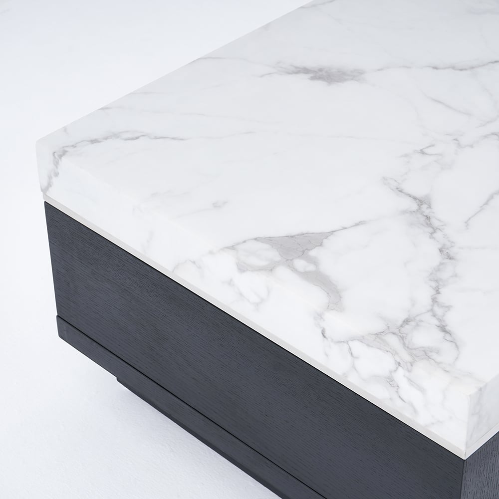 Modern Marble Coffee Table Black & White with Storage & Drawers in Wood White