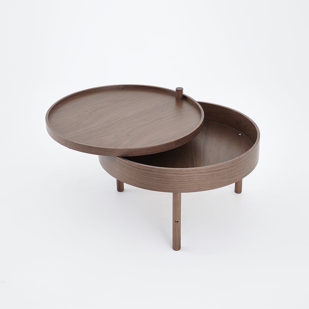 Modern Round Wood Rotating Tray Coffee Table with Storage & Metal Legs Walnut