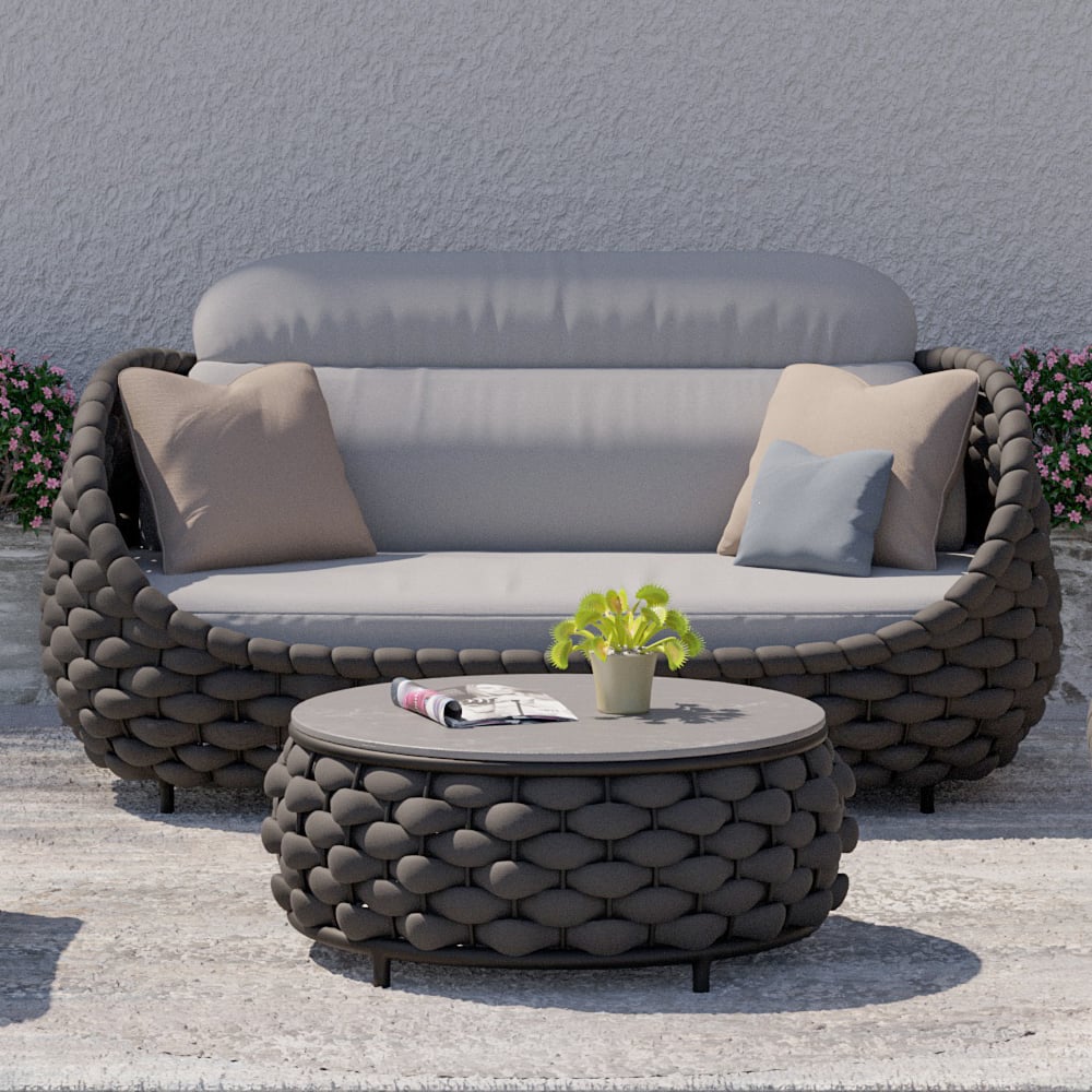 Tatta 2-Seater Woven Rope Outdoor Sofa Patio Loveseat Removable Cushion Gray & Black Gray & Black