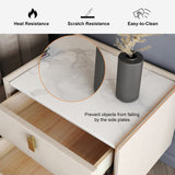 Modern Nightstand with 2 Drawers PU Leather Nightstand with Glod Legs White