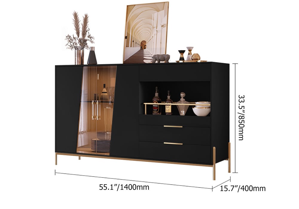 Dolawn Modern Sideboard Buffet Tempered Glass Doors & Shelf Tray Wine Rack Black