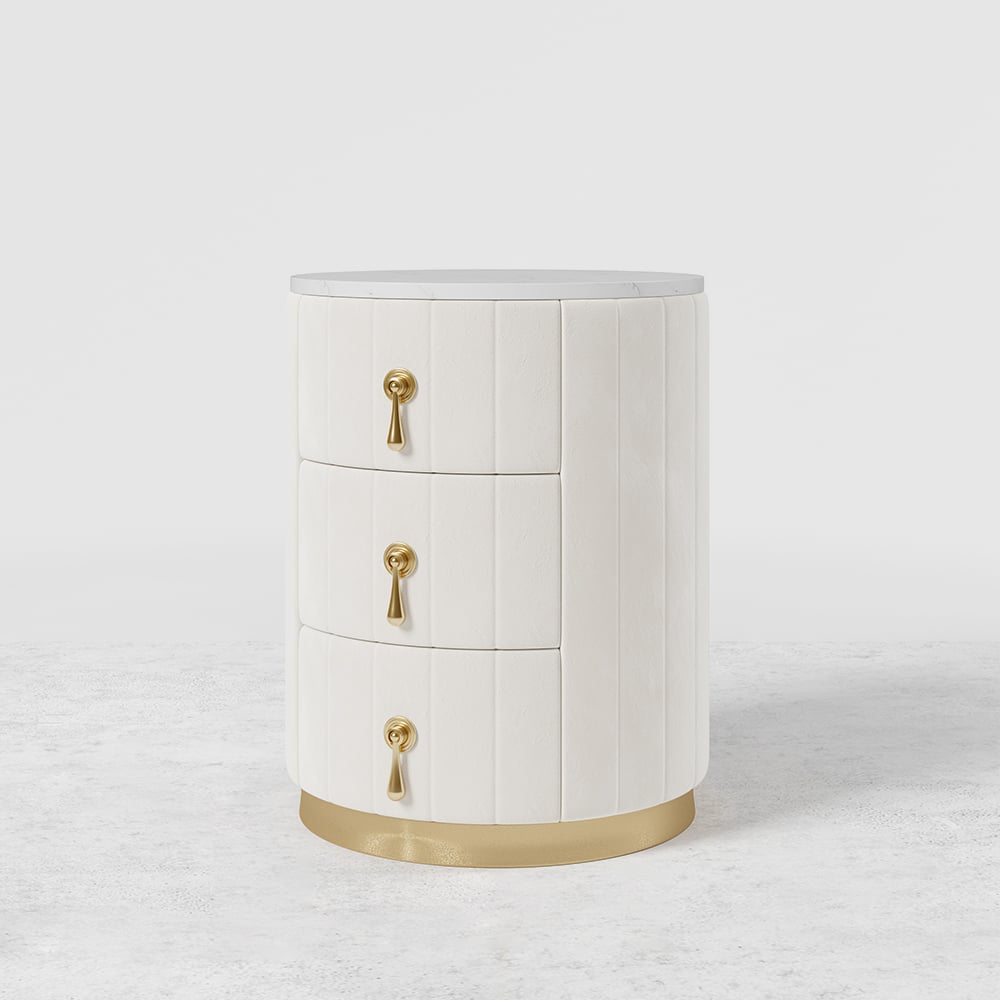 Modern Velvet Nightstand with Storage Sintered Stone Top Round Nightstand with 3 Drawers White