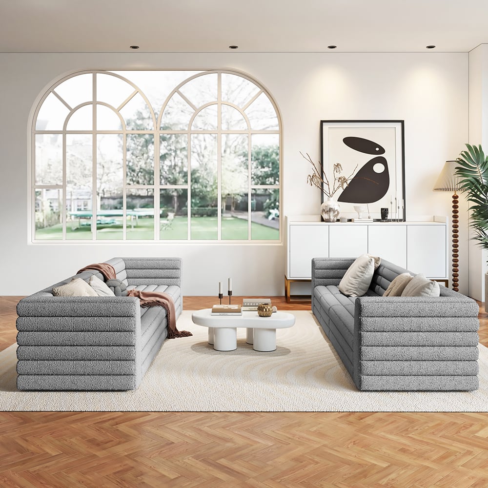 Modern L-Shaped Boucle Modular Sectional Sofa & 4-Seater Sofa Gray
