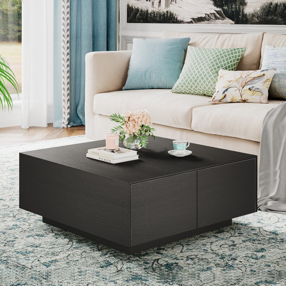 Japandi Square Coffee Table with 4 Drawers Storage & Wooden Pedestal Black