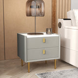 Modern Nightstand with 2 Drawers PU Leather Nightstand with Glod Legs Light Gray