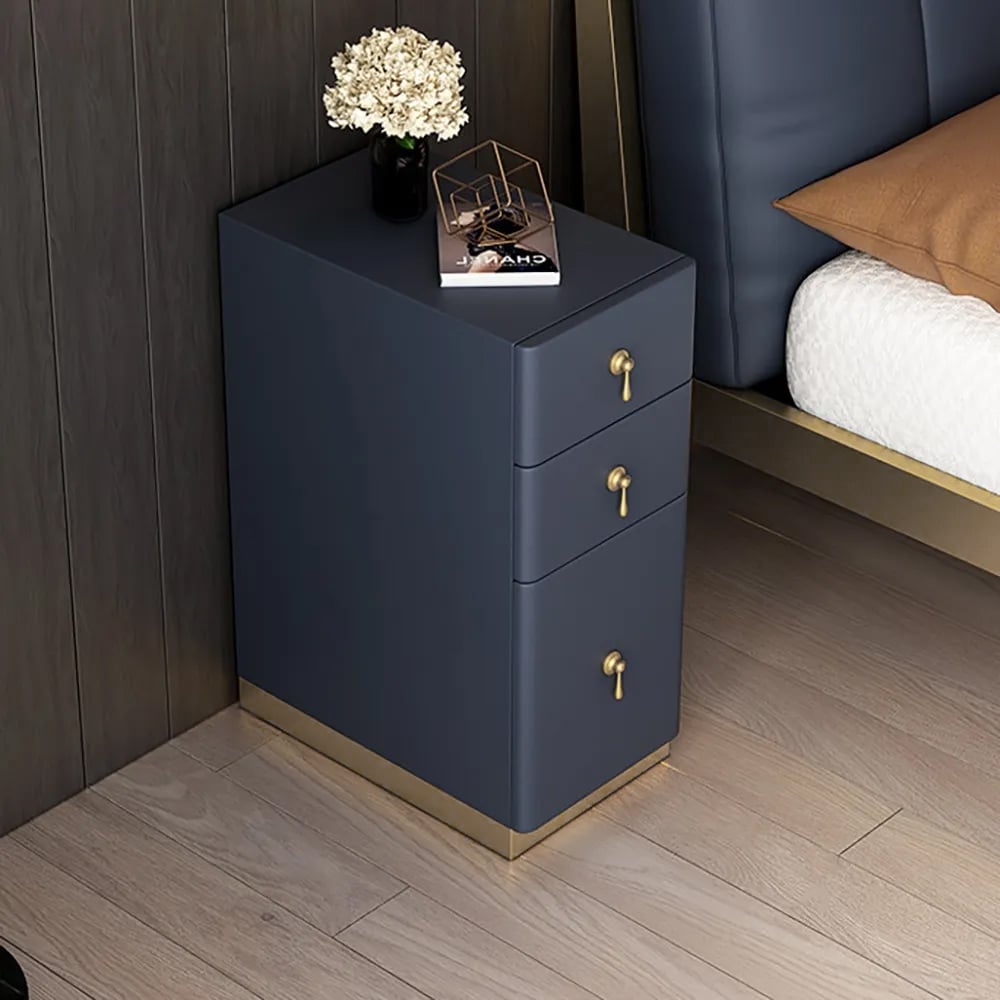 3-Drawer Modern Nightstand Narrow Bedside Table with Faux Leather Upholstery Blue