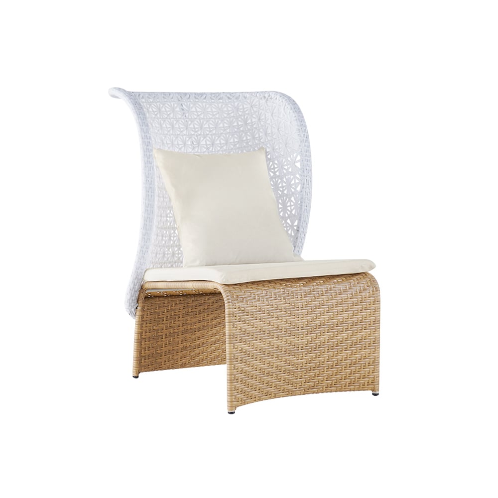 Hofer Rattan Outdoor Wingback Chair with White Cushion Pillow with Arched Bottom White