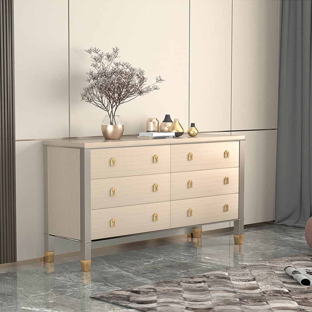 Solid Wood Dresser with Brass Accents – 6 Drawer Bedside Cabinet Champagne