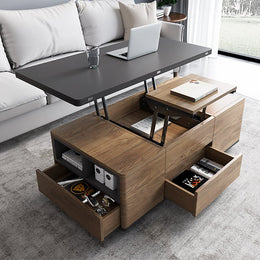 Modern Lift Top Coffee Table Multi Functional Table with Drawers & Shelves & Upholstered Stool Table + 4 Stools