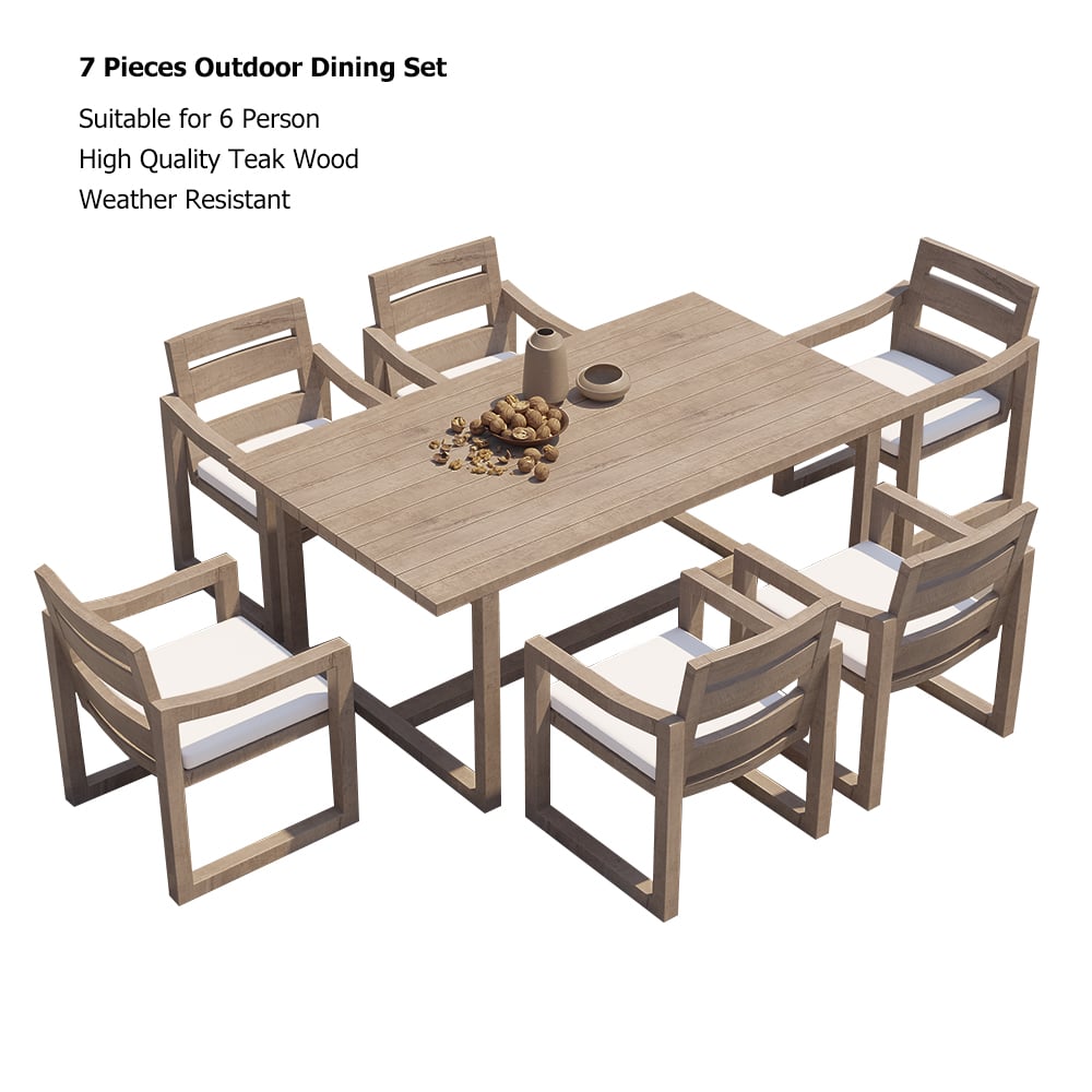 7 Pieces Modern Outdoor Dining Set with Rectangle Teak Wood Table and Chair in Natural Natural