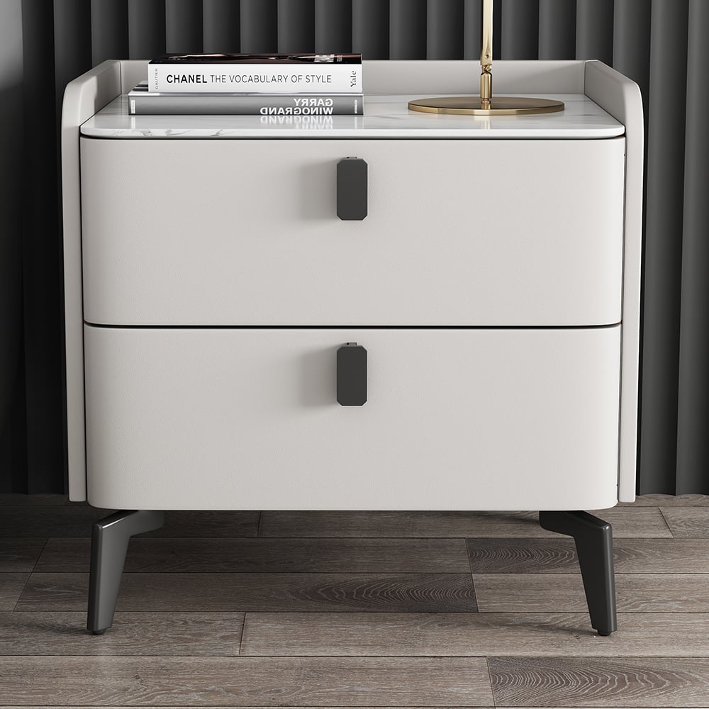 Modern Luxury 2 Drawers Bedroom Nightstand Sintered Stone Bedside Table White