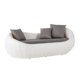 White Woven Rattan Round 75.2" Outdoor Sofa with Cushion & Pillow and Curved Back White