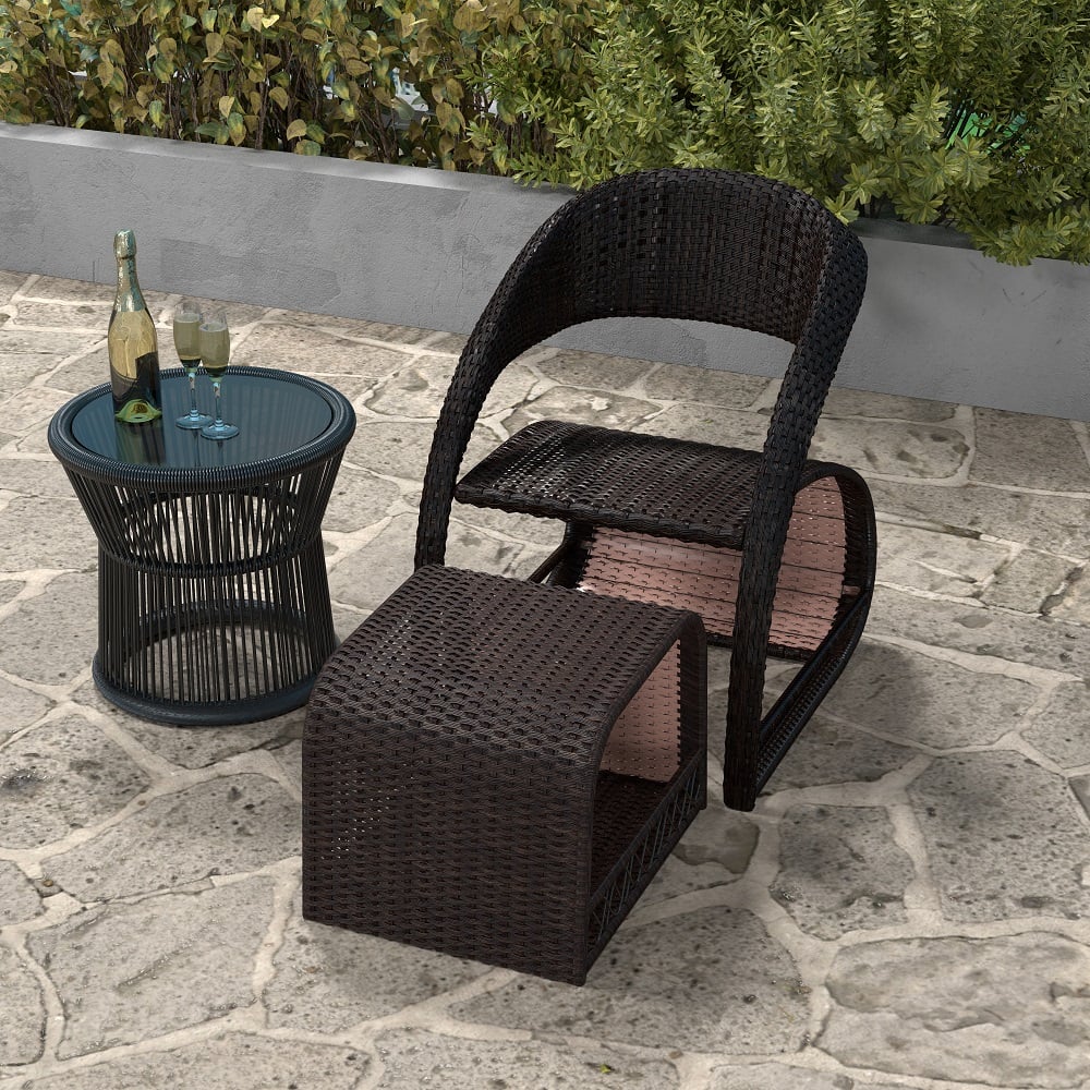 Outdoor PE Rattan Recliner Chair with Ottoman & Storage 2-Piece Set in Coffee Coffee