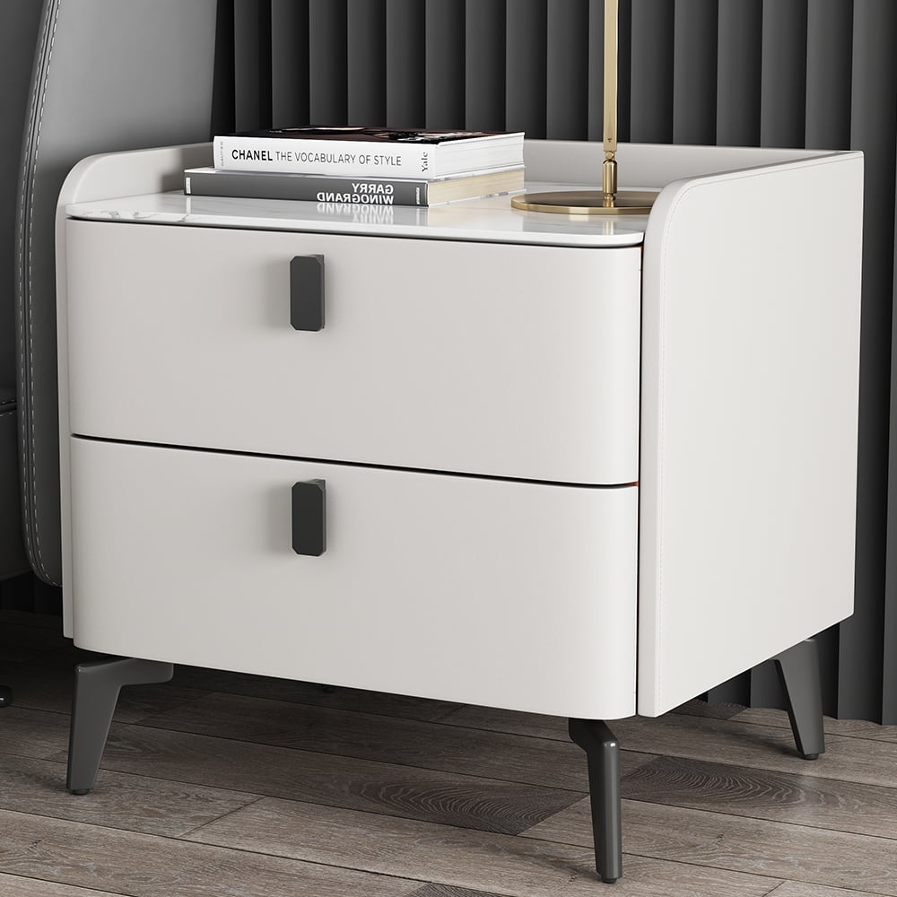 Modern Luxury 2 Drawers Bedroom Nightstand Sintered Stone Bedside Table White