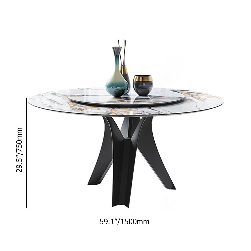 White & Black Sintered Stone Top Round Dining Table with Lazy Susan White