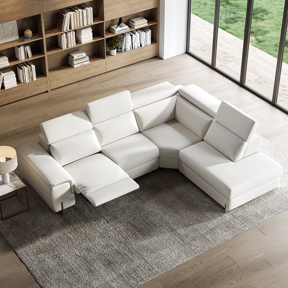 White Faux Leather Power Reclining Sectional Sofa Adjustable Headrest L-Shaped Warm White