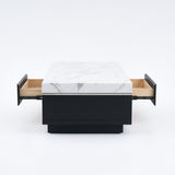 Modern Marble Coffee Table Black & White with Storage & Drawers in Wood White