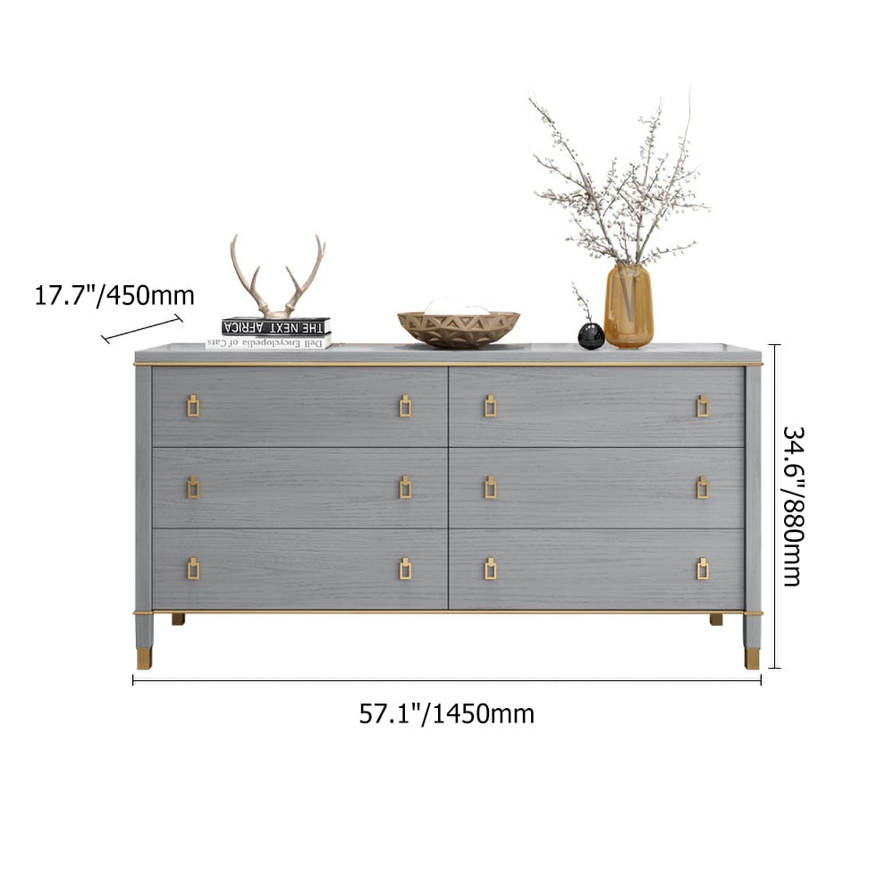 Solid Wood Dresser with Brass Accents – 6 Drawer Bedside Cabinet Gray