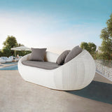 White Woven Rattan Round 75.2" Outdoor Sofa with Cushion & Pillow and Curved Back White