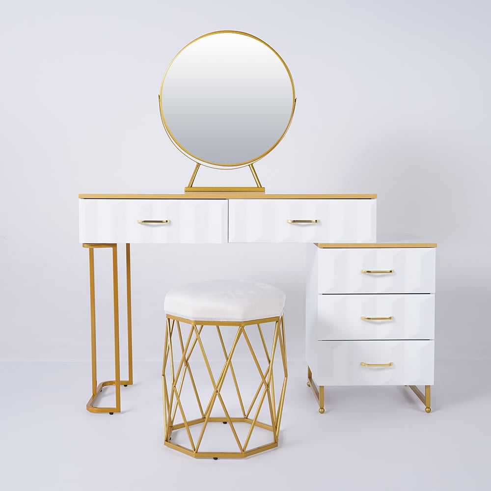 Modern White Extendable Makeup Vanity 5 Drawers Dressing Table Set with Stool and Mirror White