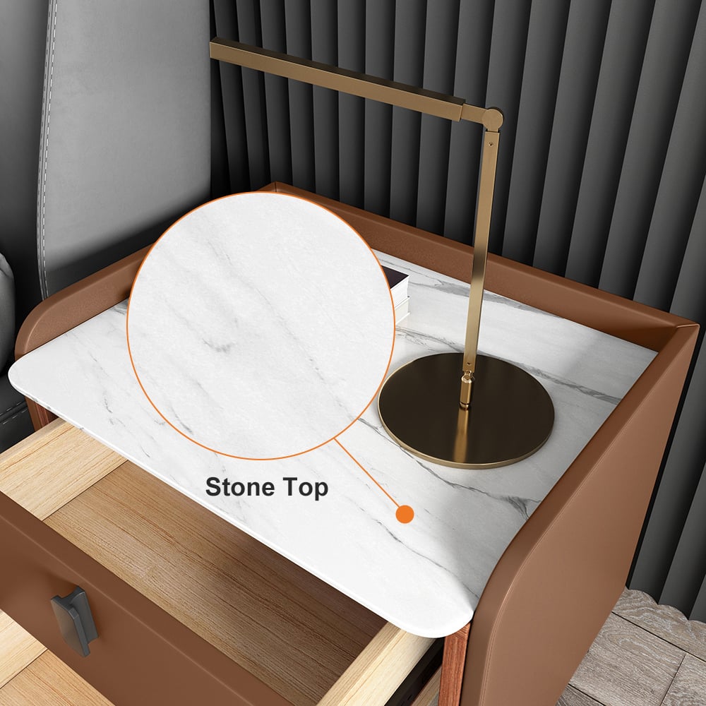 Modern Luxury 2 Drawers Bedroom Nightstand Sintered Stone Bedside Table Brown