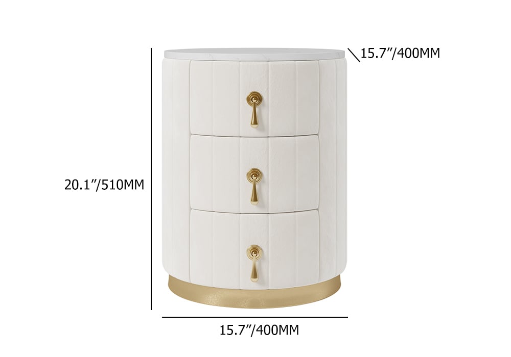 Modern Velvet Nightstand with Storage Sintered Stone Top Round Nightstand with 3 Drawers White