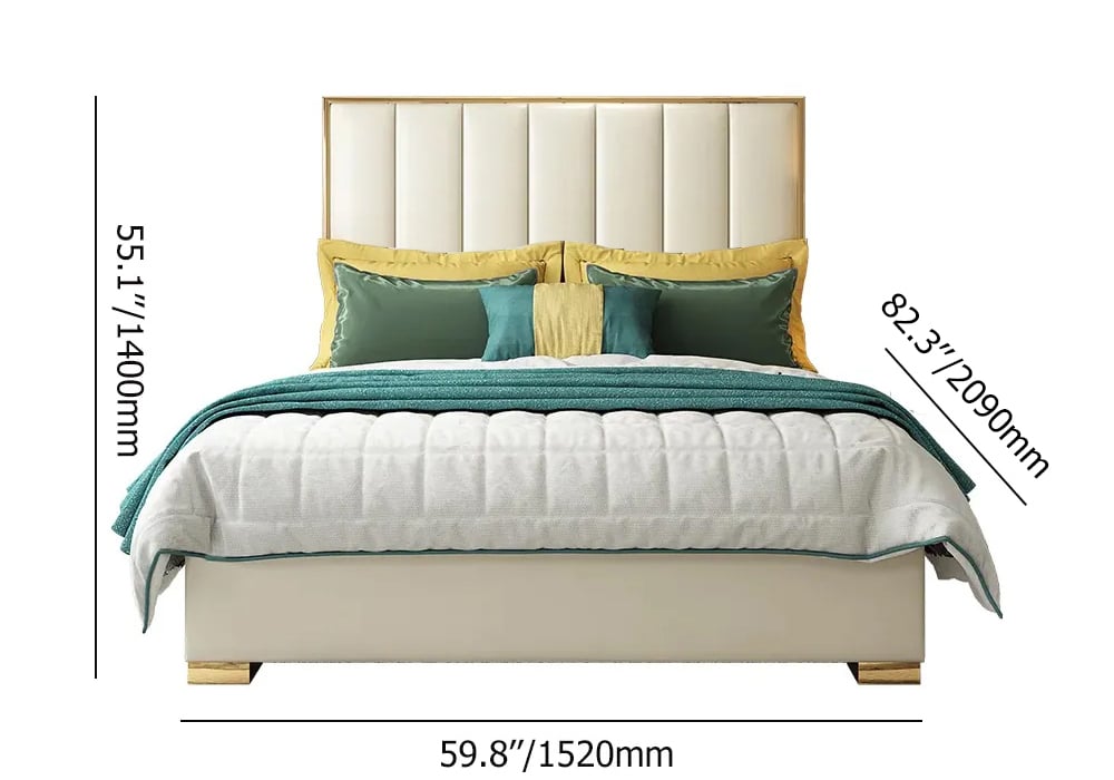 Platform Bed White Upholstered Faux Leather Bed with Gold Legs White