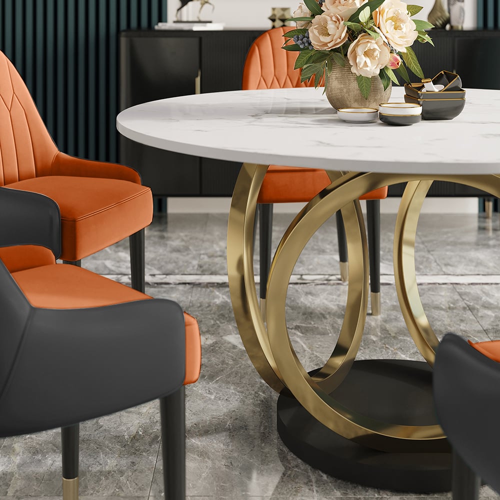 Contemporary Round Dining Table Set of 7 with Upholstered Chairs With Chairs