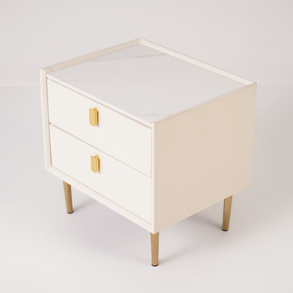 Modern Nightstand with 2 Drawers PU Leather Nightstand with Glod Legs White