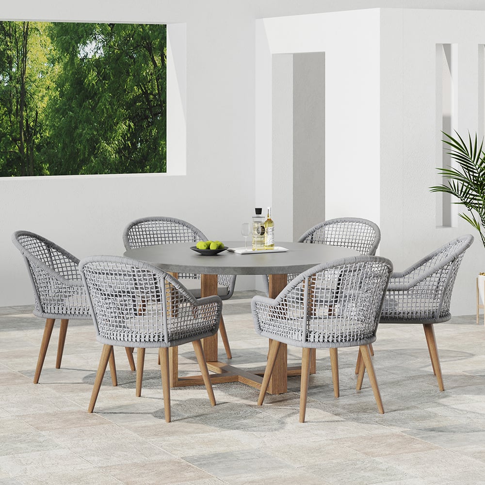 7 Pieces Teak Round Outdoor Concrete Dining Set with Gray Table Woven Armchair 6-Person Concrete Gray